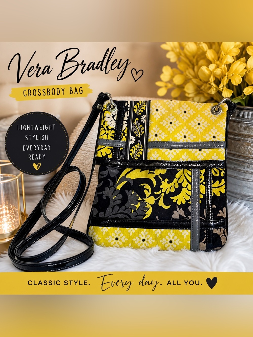 Vera Bradley Yellow Black Floral Crossbody Bag